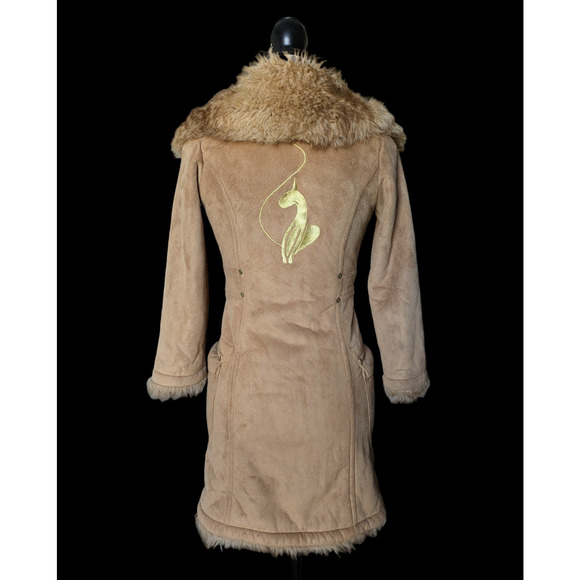 Baby Phat Girls Brown Tan Faux Fur Coat Size Small Y2K Penny Lane Embroidered - Picture 2 of 16